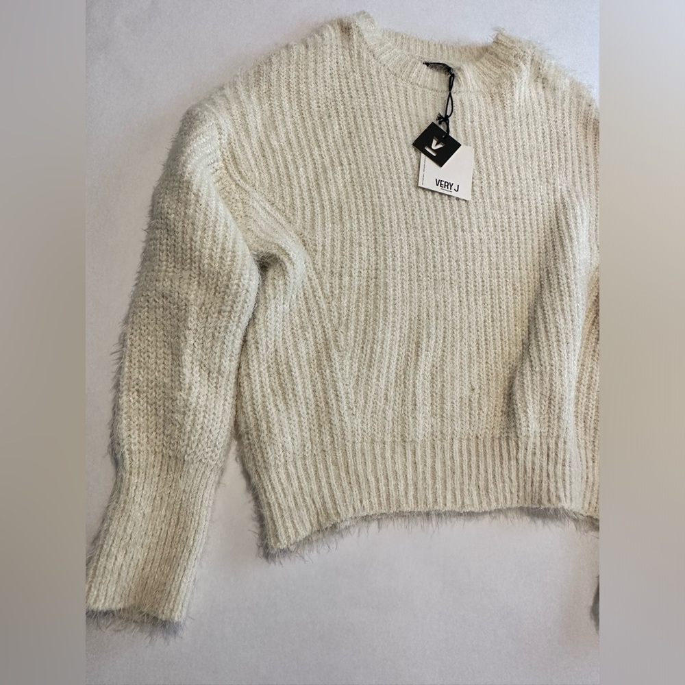 Very J White Fuzzy Ribbed Crew Neck Sweater